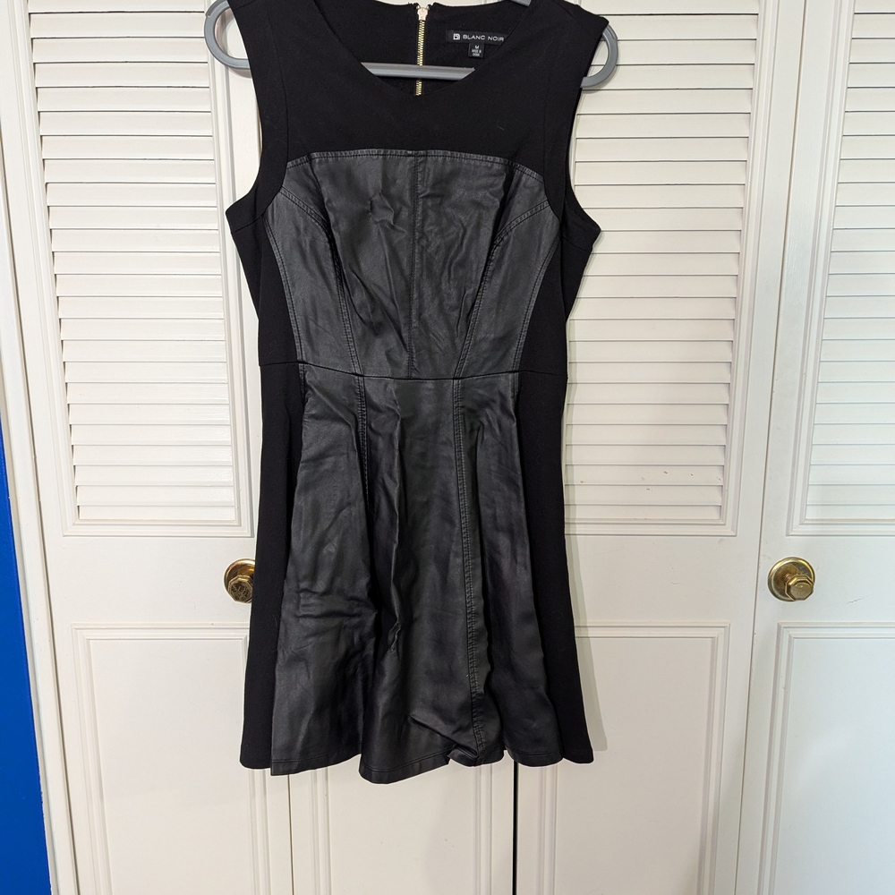 Blanc Noir Black Mini Dress with Leather Accents